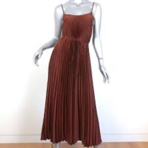 Vince Pleated Satin Midi Dress in Brown Size Extra Small